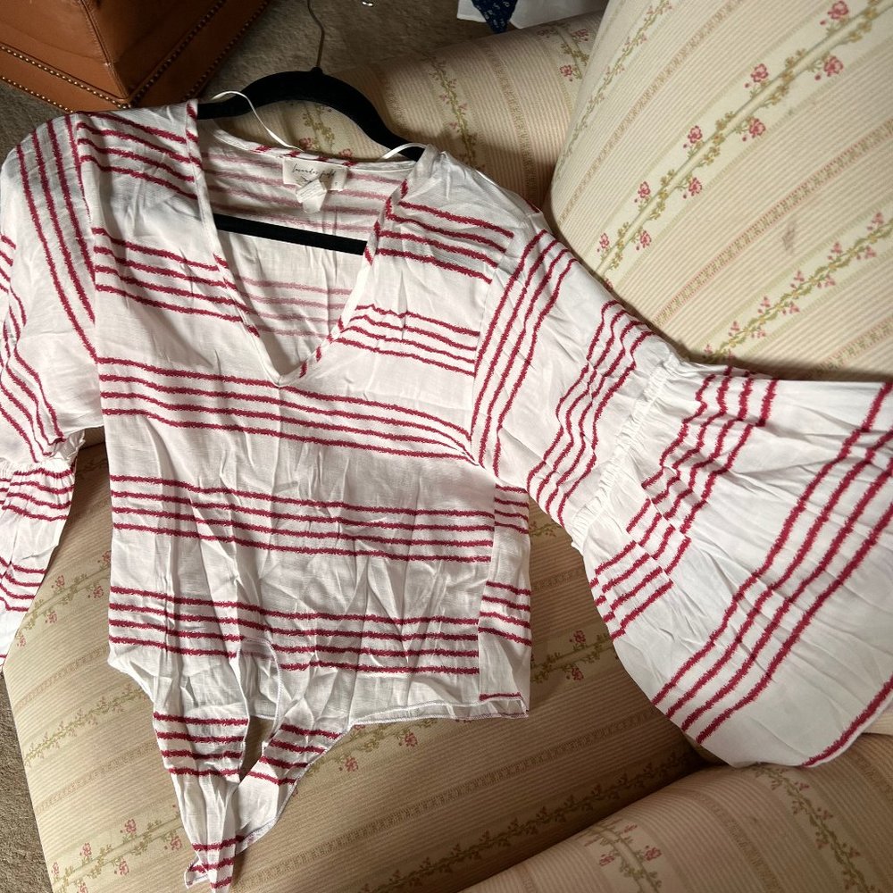 Ruffle Sleeve Tie Front Top, Red & White Striped
